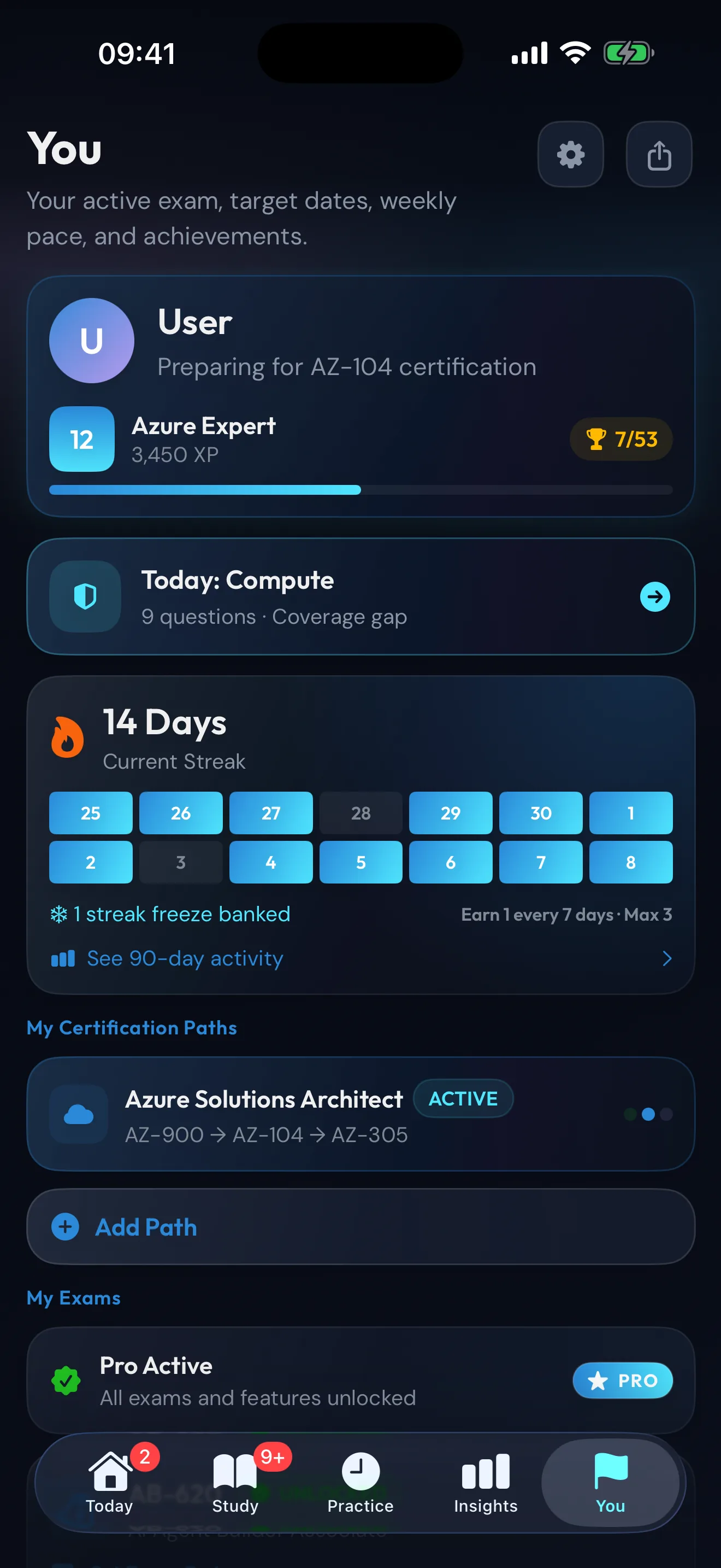 My Goals with readiness gauge, XP, and certification paths
